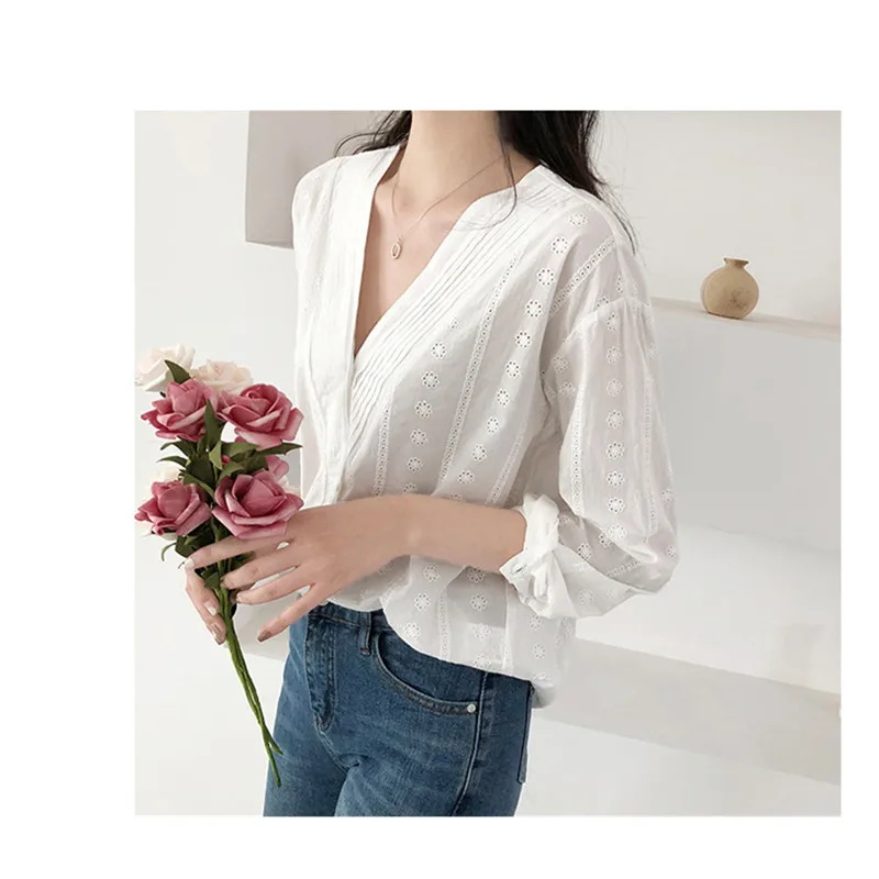 

Lamtrip Unique Boutique Embroidery V-Neck Cotton 100% Shirt Chic Long Sleeve Blouse Female 2021
