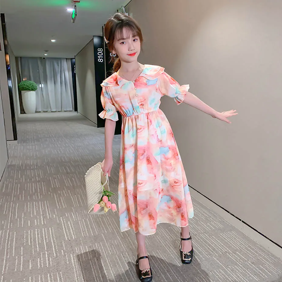 Summer Dress For Girls Floral Pattern Girl Beach Behemian Children Sun Dresses Double-layered Kids Costume | Детская одежда и