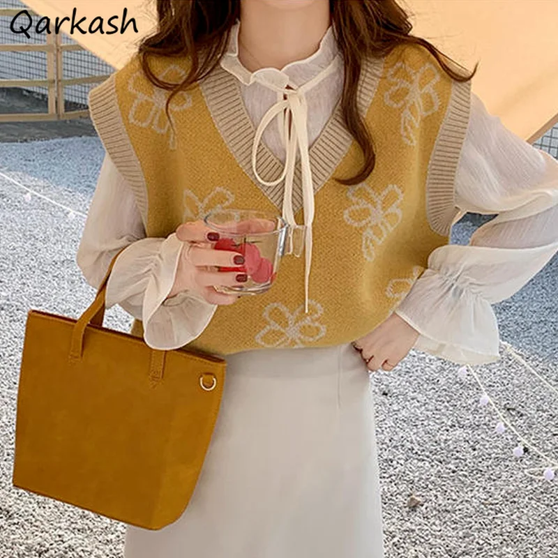 

Sweater Vests Women Loose Sweet Floral Pattern Casual Female V-neck Spring Girlish Ulzzang Stylish Preppy Style Retro Knitwear