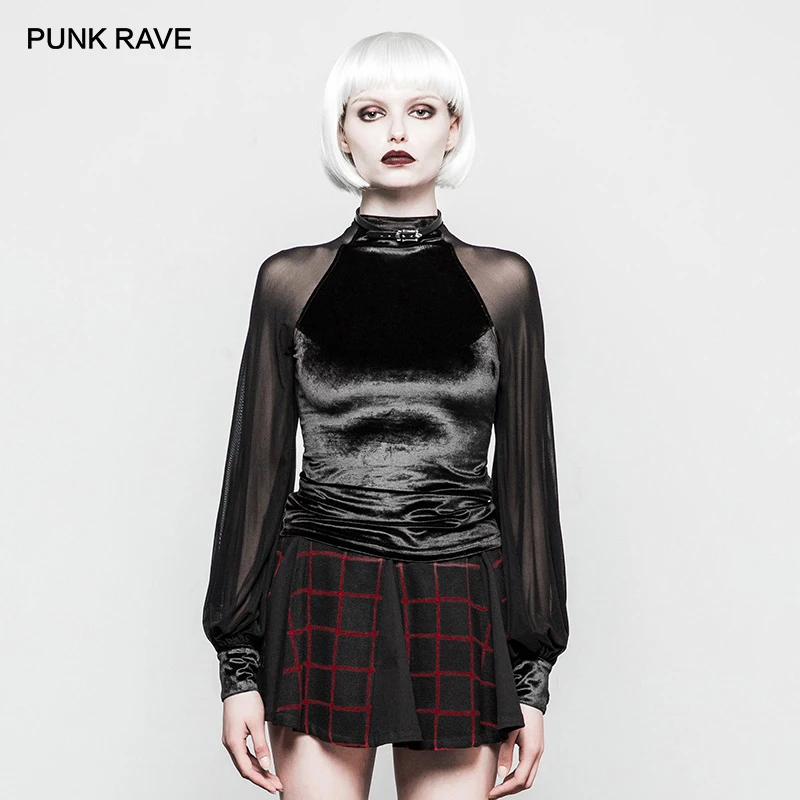 Панк рейв женская готическая Повседневная бархатная Сетчатая футболка мода