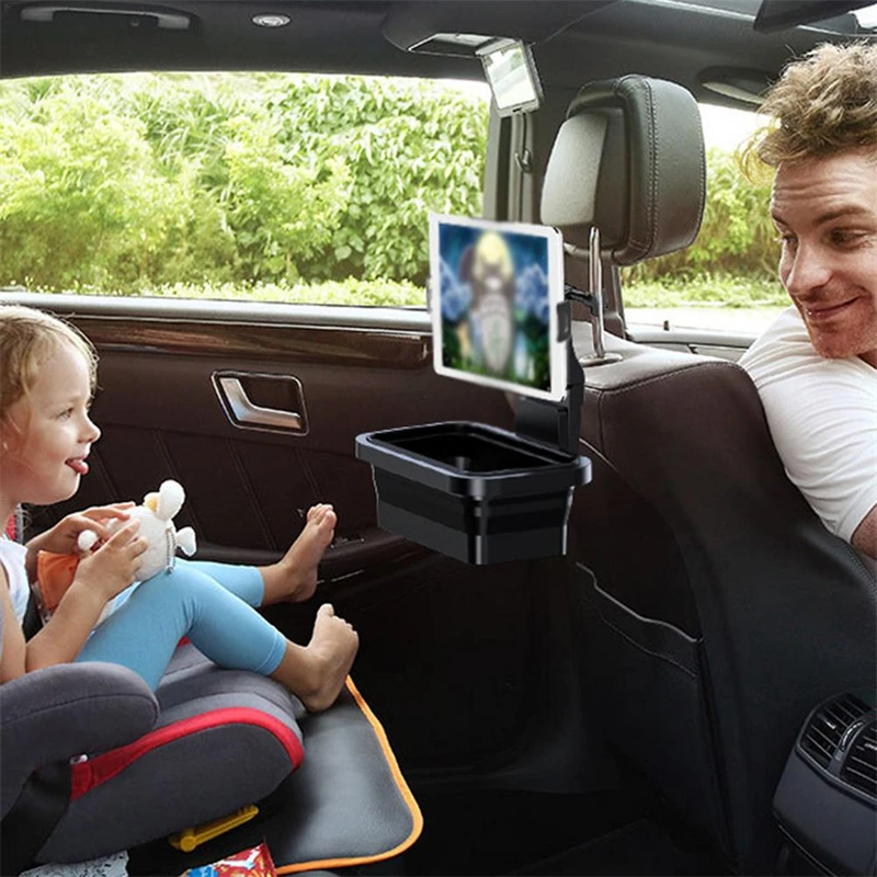 Car Headrest Tablet Mount Holder Adjustable Universal Car Backseat Cell Phone Tablet Holder  With Folding Silicone Storage Box