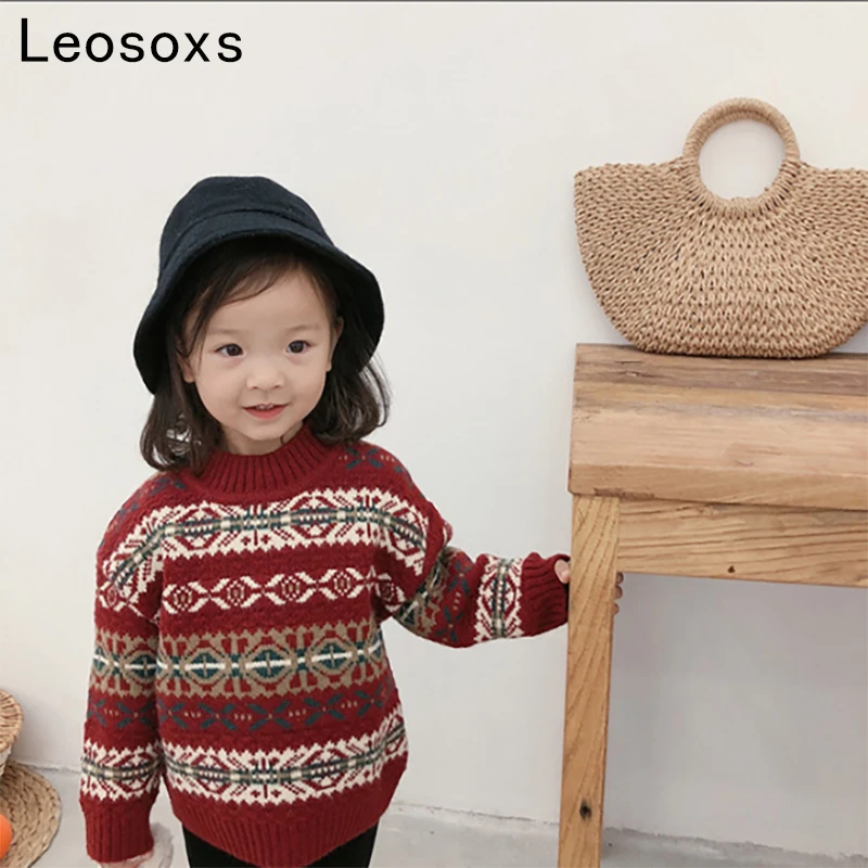 Детский свитер в стиле ретро жаккардовый вязаный с длинными рукавами и