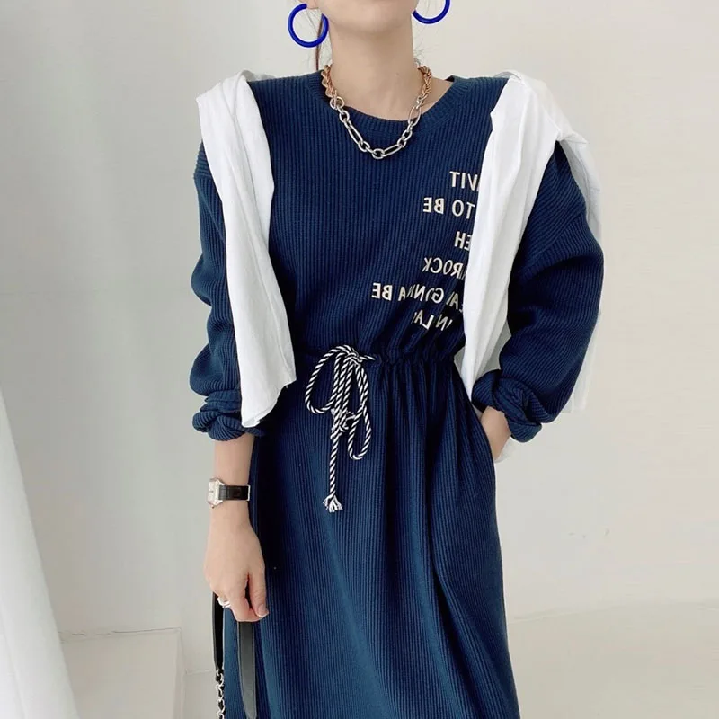 

Korean One-Piece Fashion Casual Loose Split Dress 2021 Autumn/Winter Round Neck Letter Print High Waist Drawstring Lace Up Dress