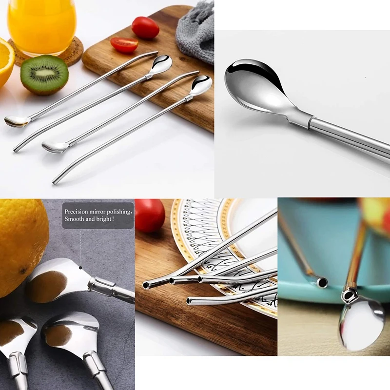 Многоразовая ложка соломинки для напитков ценная упаковка 6 шт. с 2 чистыми