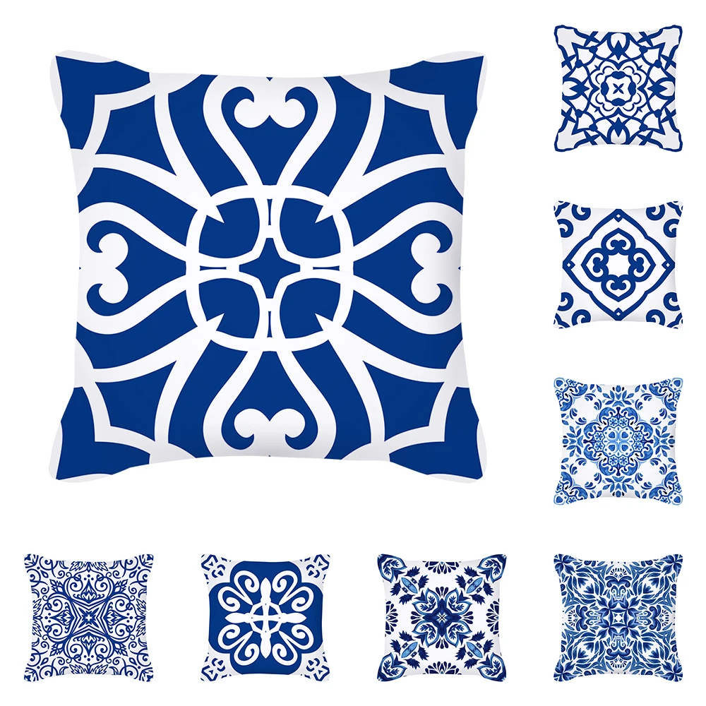 

Синяя серия, Геометрическая наволочка, скандинавский домашний декор, искусственный чехол, мандала, плюшевая наволочка 45x45 см