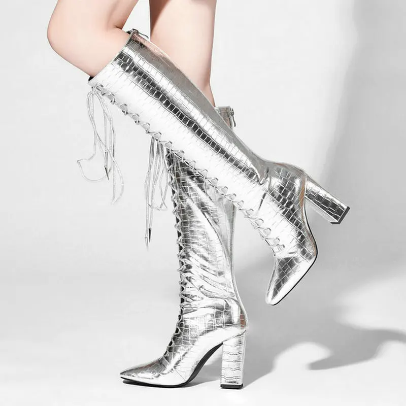 

Женские высокие сапоги из лакированной кожи, черные, серебристые сапоги до колена на толстом каблуке, на молнии, с квадратным носком, больши...