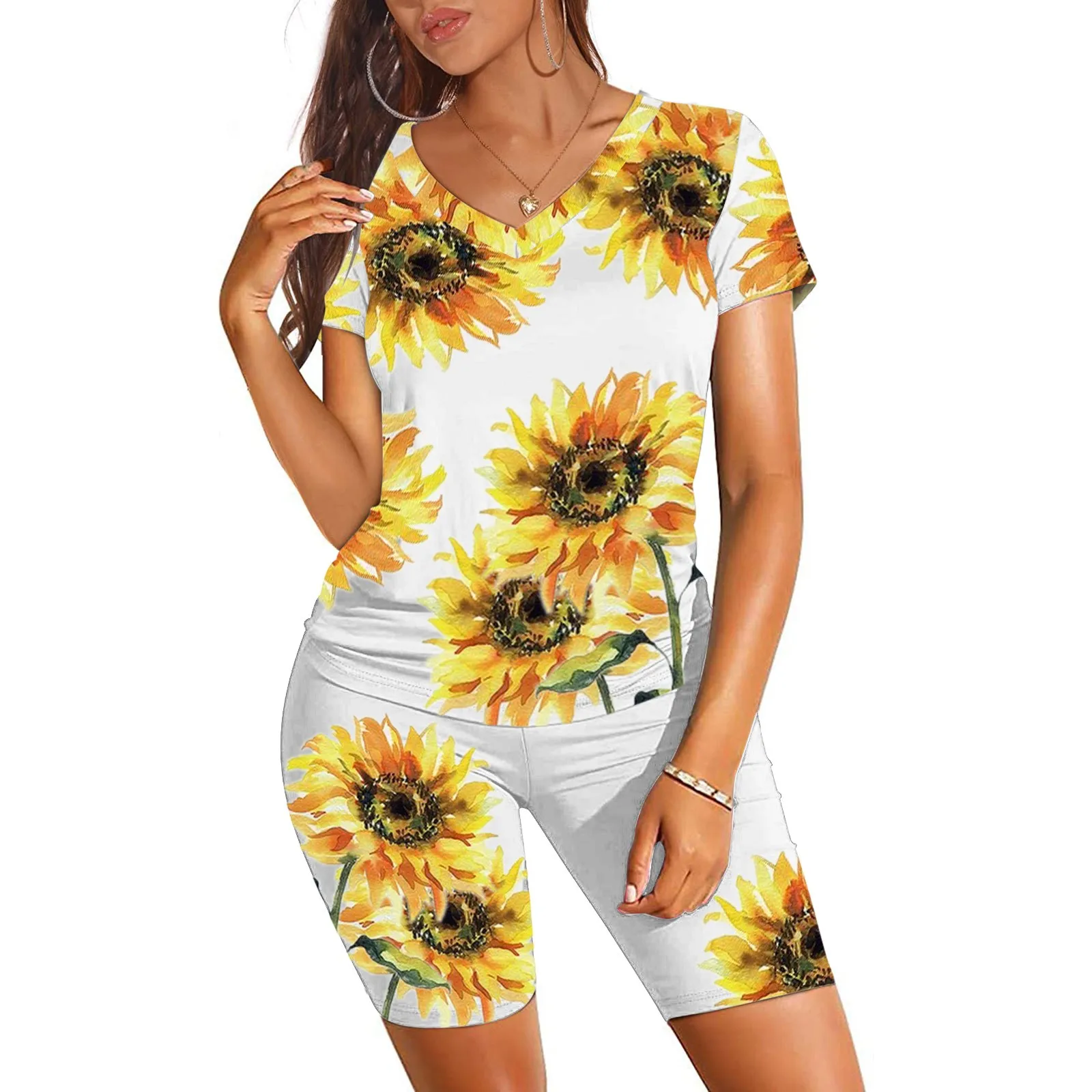 

Women Short Sleeve Sports Suit Casual Sunflower Print Tops + High Waist Shorts Suit Gym Workout Running Sportswear Tracksuit