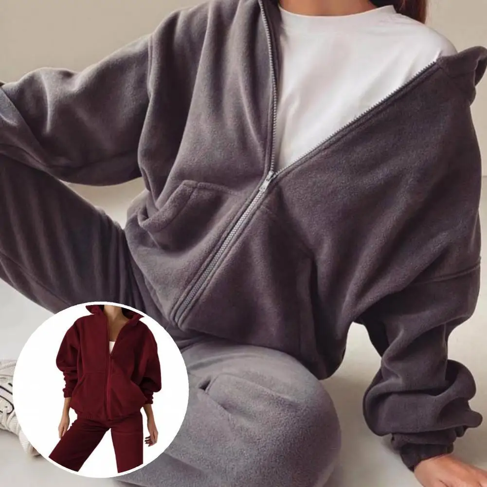 

Уличная одежда, 1 комплект, Повседневная Свободная однотонная толстовка с капюшоном и брюки, однотонные штаны для путешествий на осень и зим...