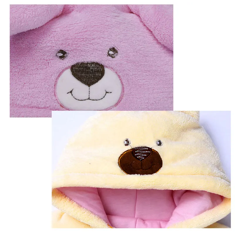 

2021 New Kids Rompers Warm Bodysuits One-Piece Cartoon Bear with Hat Soft Coral Velvet Thick for Autumn Winter S-XL