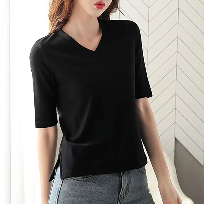 

Freeshipping Women Cotton T-shirt Half Sleeve V-NECK Solid color Office Lady Top All Match Women Basic T-shirts