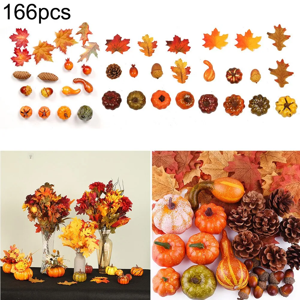 

166Pcs Fall Harvest Decor Props Artificial Mini Pumpkin Gourd Acorn Berries Maple Leaf Simulation Pumpkin Diy Craft Hallowee