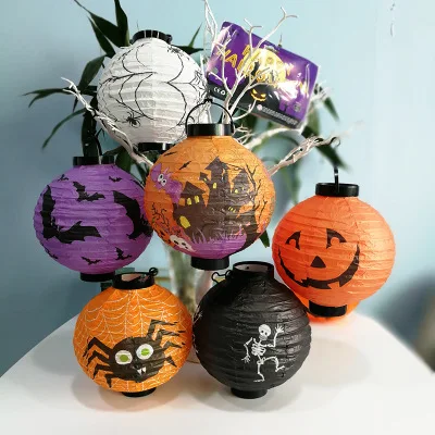 

1-3pcs 20cm Halloween Paper LED Lantern Horror Pumpkin Spider Bat Skull Hanging Night Light for Bar Home Festival Party Decor