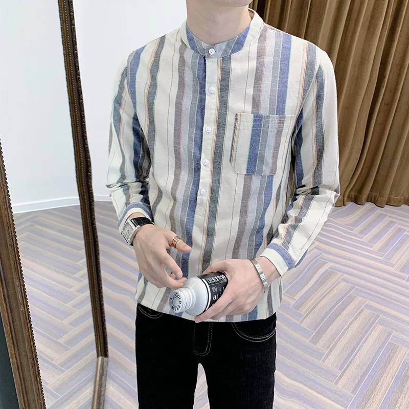 

Loldeal Long-sleeved Shirt Men Slim Standing Collar Striped Cotton Comfortable and Casual