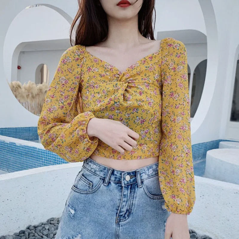 

Women Spring All-match Chiffon Shirts Female Twisted V-neck Short Waist Thin Tops Ladies Puff Sleeve Floral Blouse