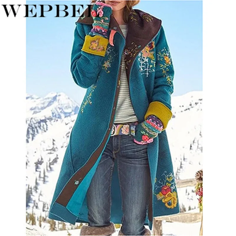 

WEPBEL Autumn Winter Women Print Woolen Hooded Coat Cardigan Sweater Lady Thick Soft Fashion Jacket Long Overcoat
