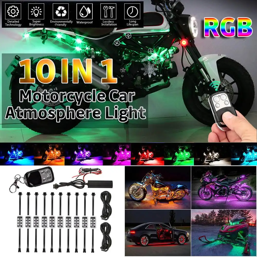 

10 in 1 RGB 60 LED Car Atmosphere Light with Wireless Remote Control Motorcycle Decorative Strip Lamp Kit