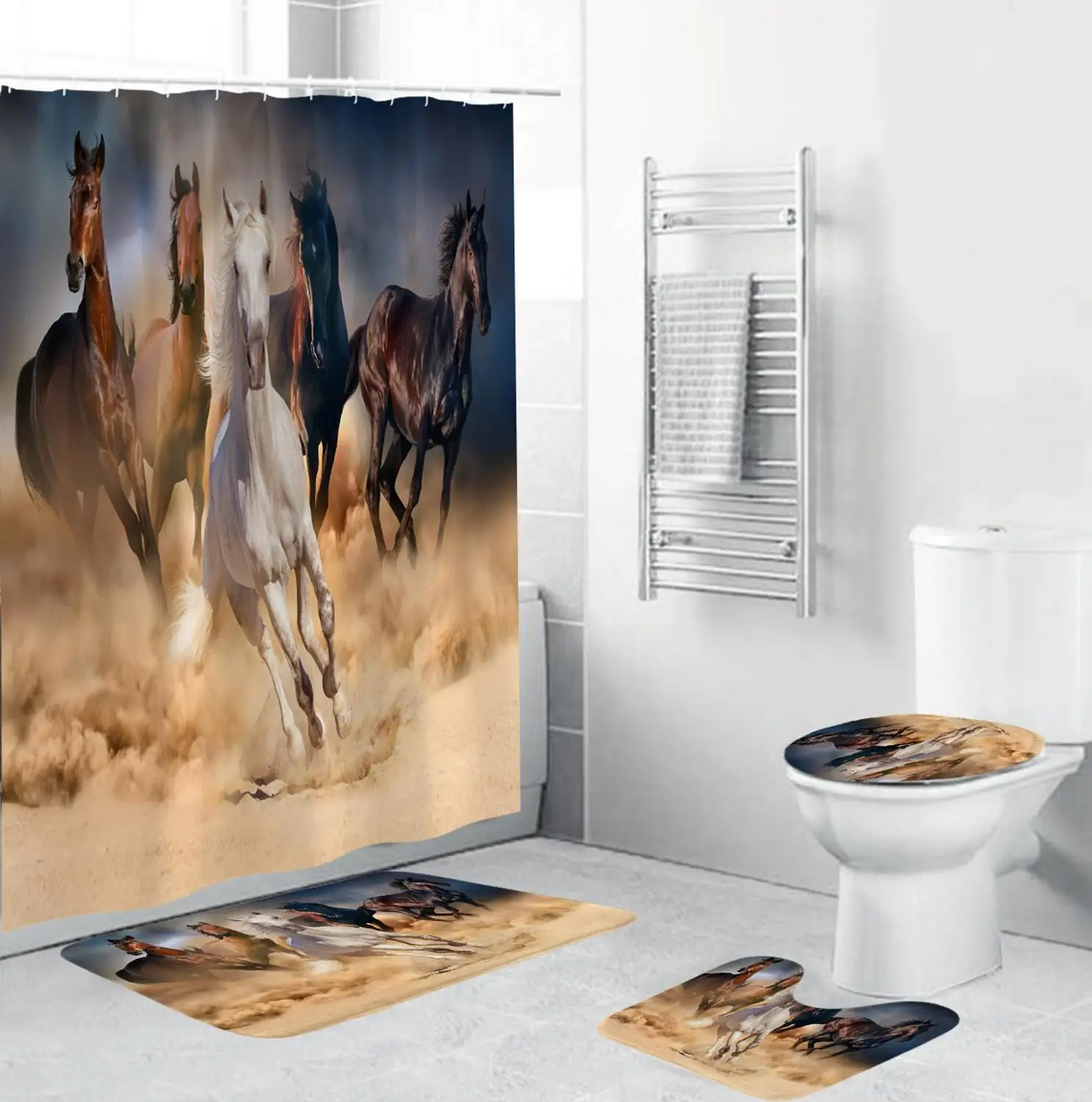 

4 шт. с принтом лошади для душа из полиэстера Шторы ковровое покрытие Туалет чехол для губ коврик для ванной комплект Животные Ванная комнат...