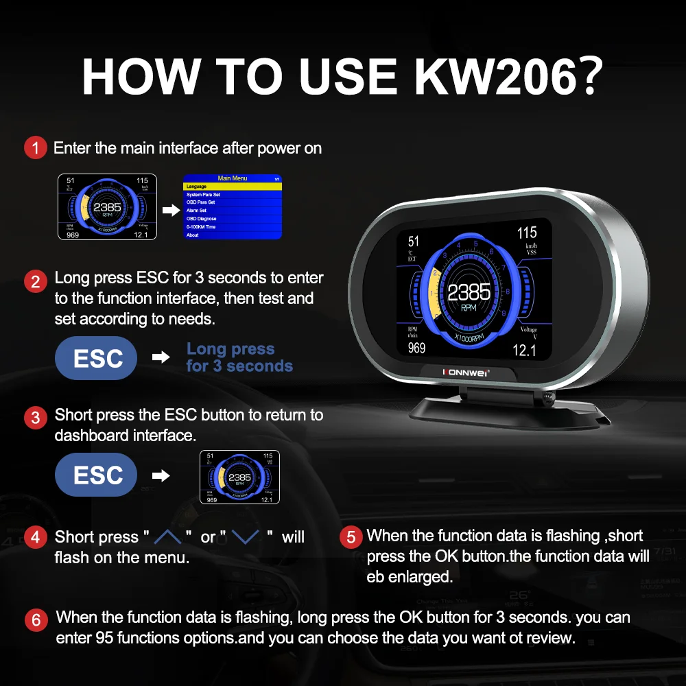 Автомобильный бортовой компьютер KONNWEI KW206 OBD2 цифровой Компьютерный дисплей