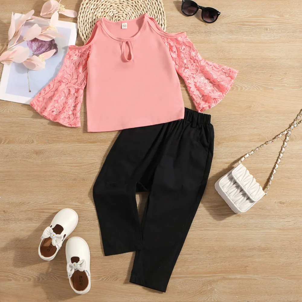 

Одежда с кружевными рукавами для малышей комплекты одежды для девочек коллекция 2022 года, летняя детская рубашка с открытыми плечами топы, д...