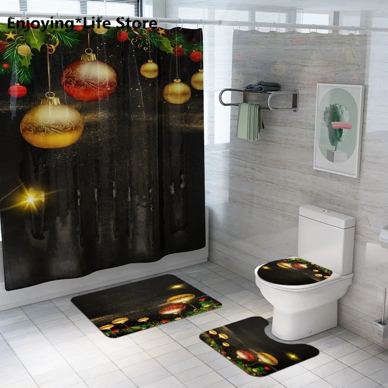 

Christmas Shower Curtain Carpet Mat Combination Bathroom Toilet Mat Bathroom Curtain Set Bathroom Rug Sets