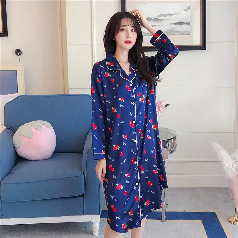 CAIYIER Sexy Silk Night Dress Winter Women Long Sleeve Sleepwear Flower Print Lingerie Sleepshirt Large Size Home Dress M-3XL