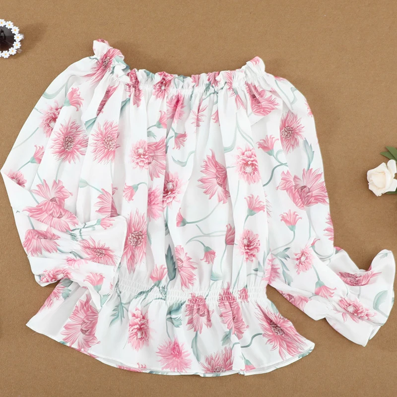 

2021 Summer Off Shoulder Ruffle Chiffon Blouse Shirt Sexy Floral Print Tie-up Women Tops Spring 3/4 Lantern Sleeve Office Blusas