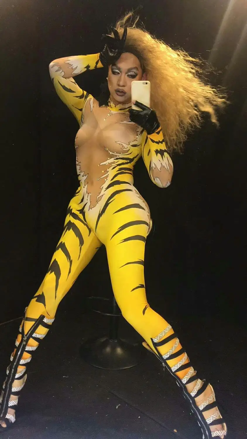 

Women Tiger Stripe Design Jumpsuits Rompers Sexy Long Sleeves Women Stage Costumes Performance Outfits Out Women Stretch Skinny