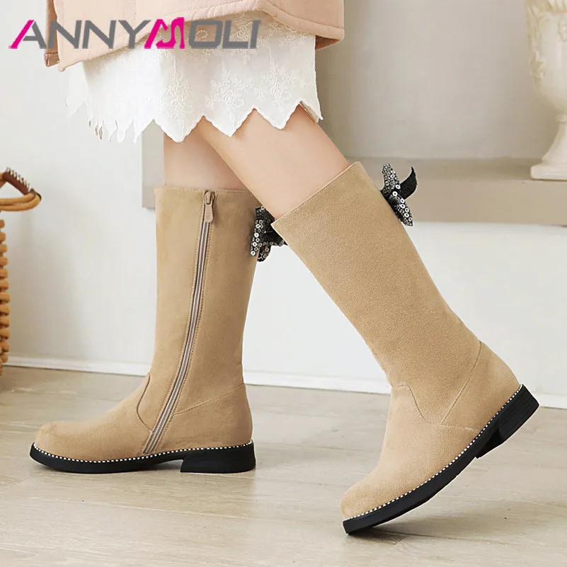 

ANNYMOLI Mid Calf Boots Woman Med Heel Boots Zip Block Heel Shoes Bling Bow Round Toe Female Boots Autumn Winter Black Apricot