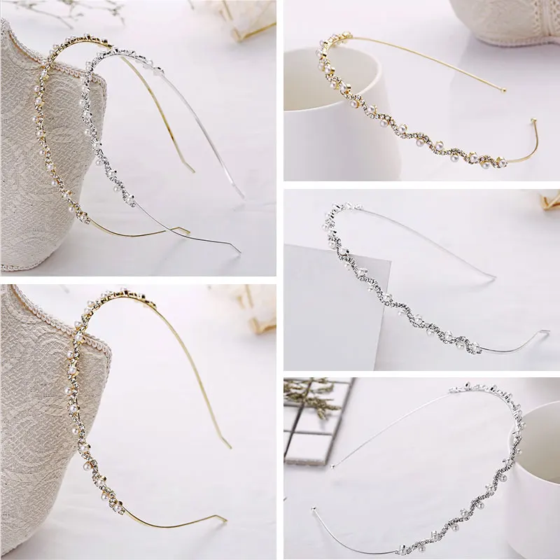 

Crystal Rhinestone Headband Pearls Wave Hairband Women Bridal Wedding Tiara Hair Accessories Crown Headband 2021 Headwear