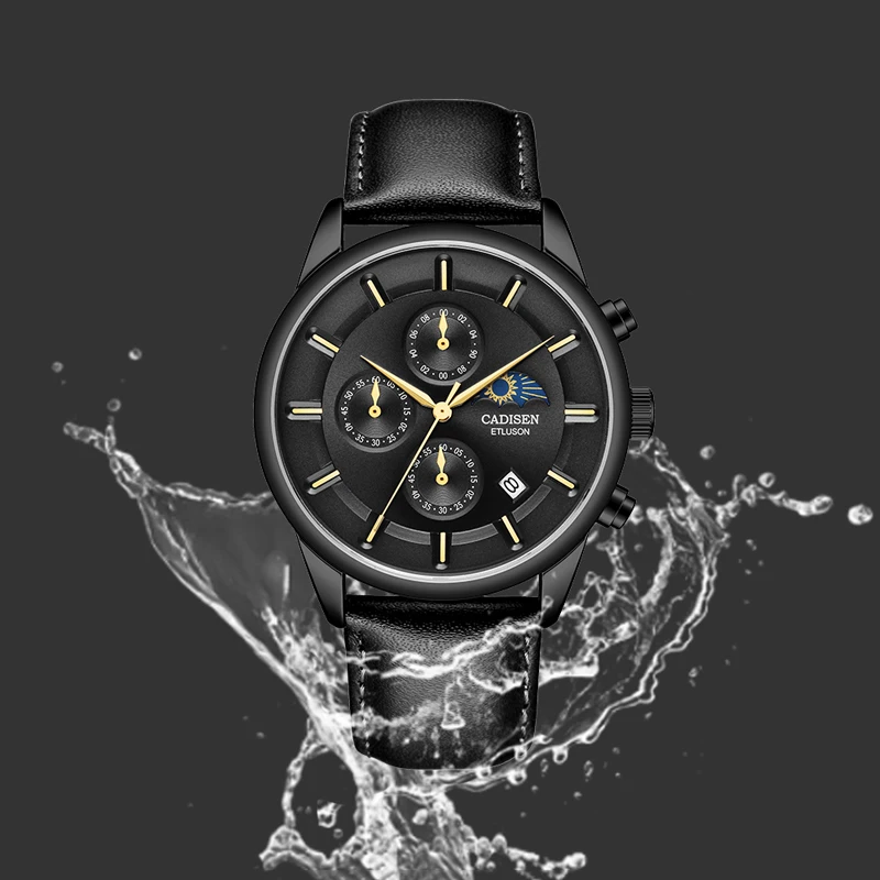Мужские кожаные часы CADISEN модные повседневные водонепроницаемые наручные с