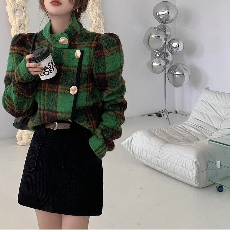 

Autumn and Winter Temperament Short Plaid Wool Coat 2021 New Cotton Padded Thickened Wool Top X177