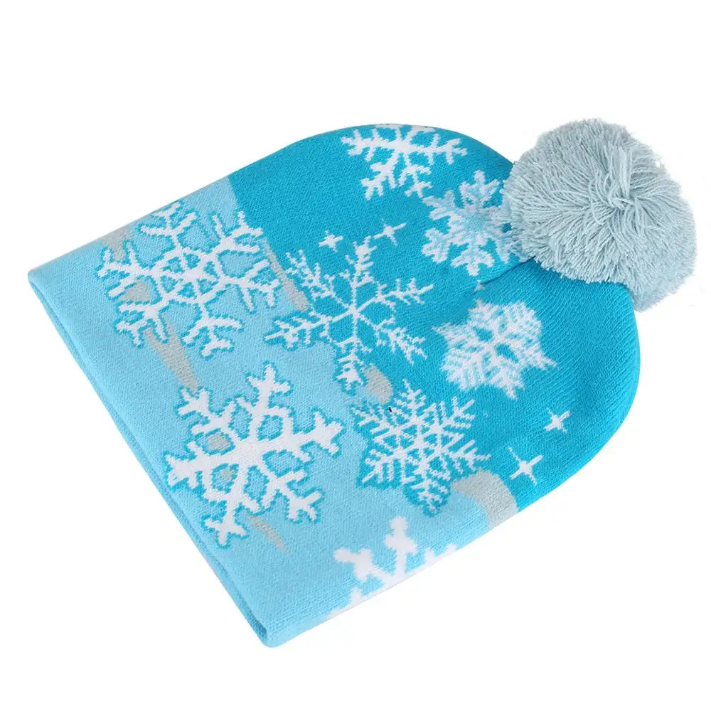 Синяя вязаная шапка со снежинками с шариком светодиодный белый светильник