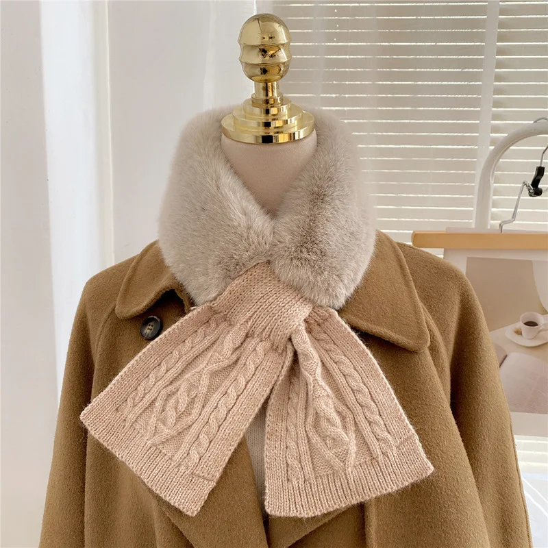 

Модный Зимний вязаный шерстяной шарф с кроличьим мехом толстый теплый женский шарф вязаный плюшевый шарф воротник двухцветный шарф