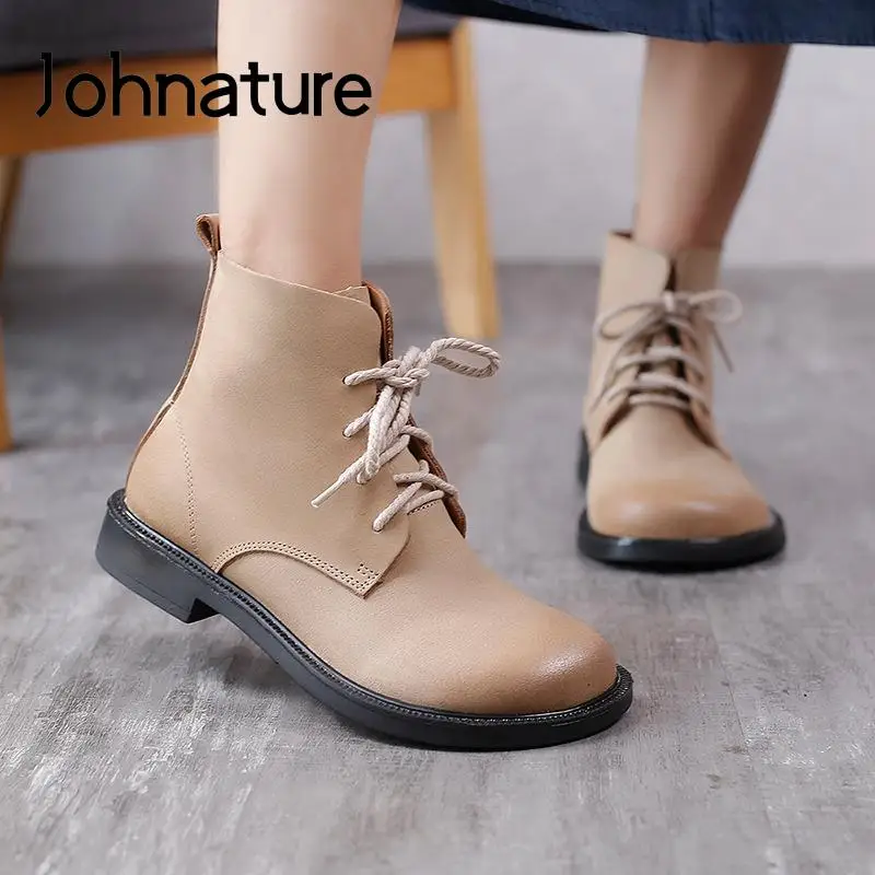 

Женские ботильоны из натуральной кожи Johnature, с круглым носком, на плоской подошве, на шнуровке, удобные ботинки ручной работы, для осени, 2021