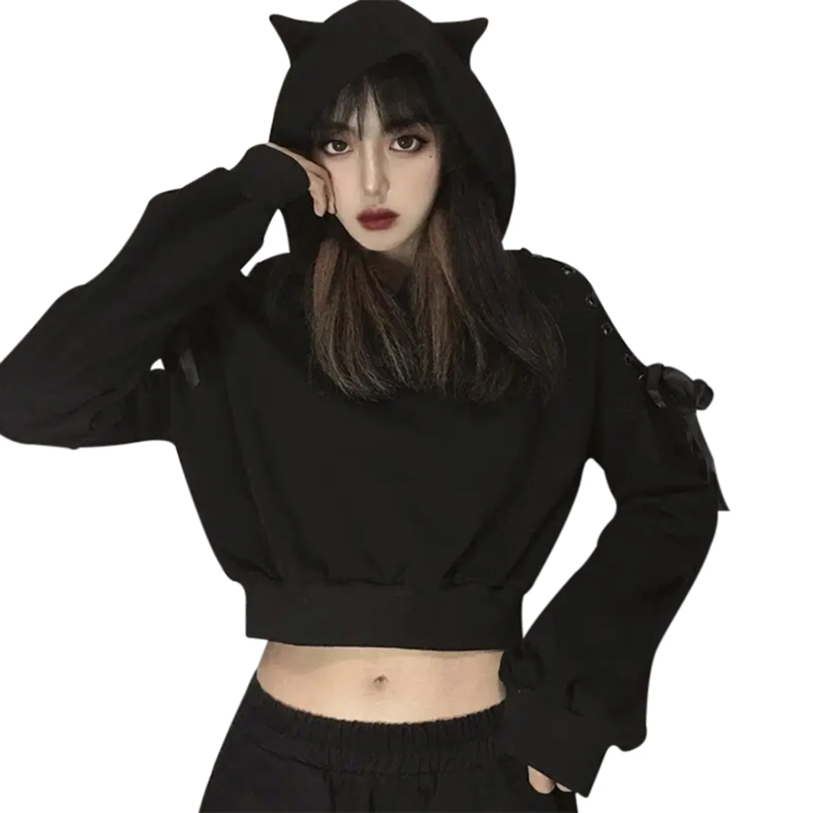 

GothGirl Harajuku Devil With Cat Ear Lace Up Short Hoodies Goth Punk Cute Street Loose Pullover Black Sweatshirt Women F