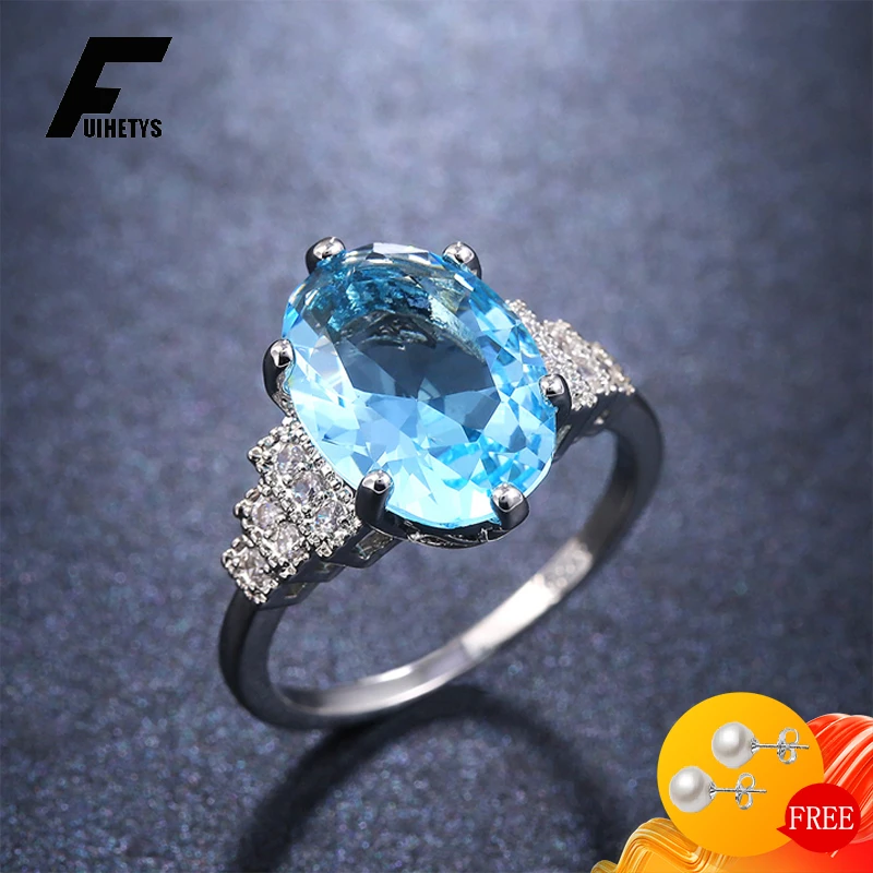 

FUIHETYS Trendy Women Rings Silver 925 Jewelry Oval Shape Sapphire Zircon Gemstone Finger Ring Ornaments for Wedding Party Gift