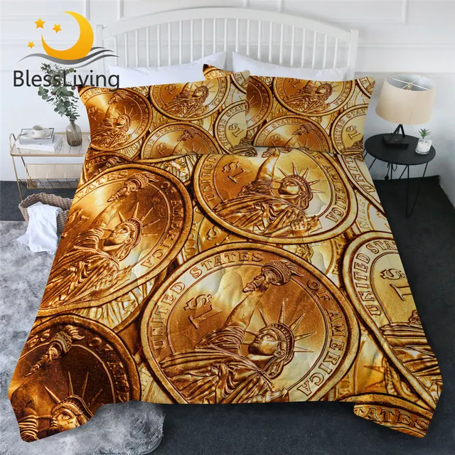 BlessLiving Coins Quilt Cover Statue of Liberty Air-conditioning Comforter Set Dollar Bedding Golden Thin Duvet Vivid Colchas 1