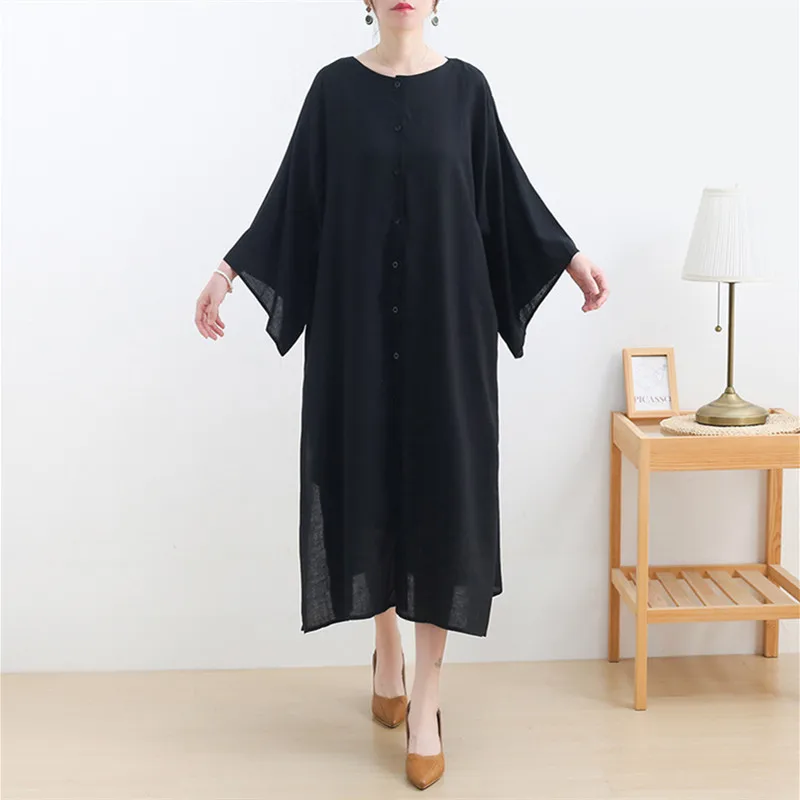 Oversized Women Vintage Summer Chiffon Black Long Shirt 4xl Dress Sexy O-neck Split Short Sleeve Maxi Dresses Brief Solid Color