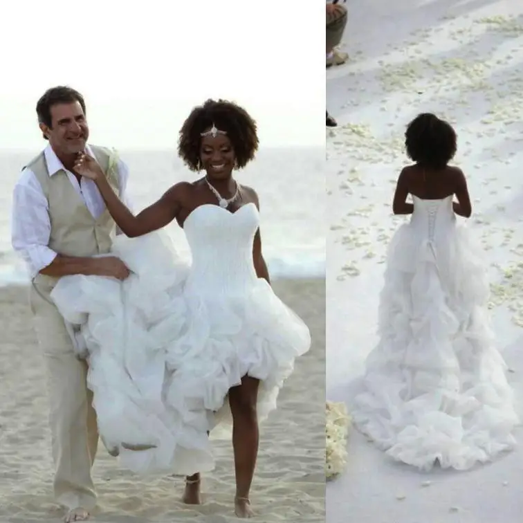 

African Beach Boho Wedding Dresses High Low White Organza Bridal Gowns Sweetheart Cascading Ruffles Tiers Wedding Dress