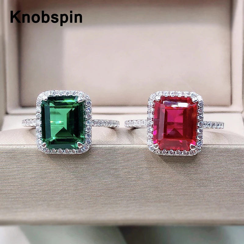 

Knobspin 100% 925 Sterling Sparkling Silver Rectangle 8*10MM High Jewelry Emerald Rings For Women Engagement Party Fine Jewelry