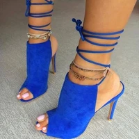 sexy blue suede ankle strap shoes peep toe lace up cut out gladiator heels pumps high heels party dress shoes size 10 customized