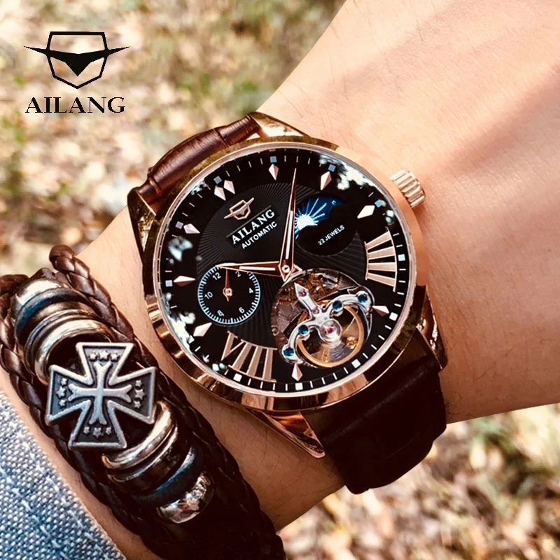 

AILANG New Casual Men's Brown Retro Watch Fashion Rose Gold Case Luminous Waterproof Men's Automatic Mechanical Watch 8607A