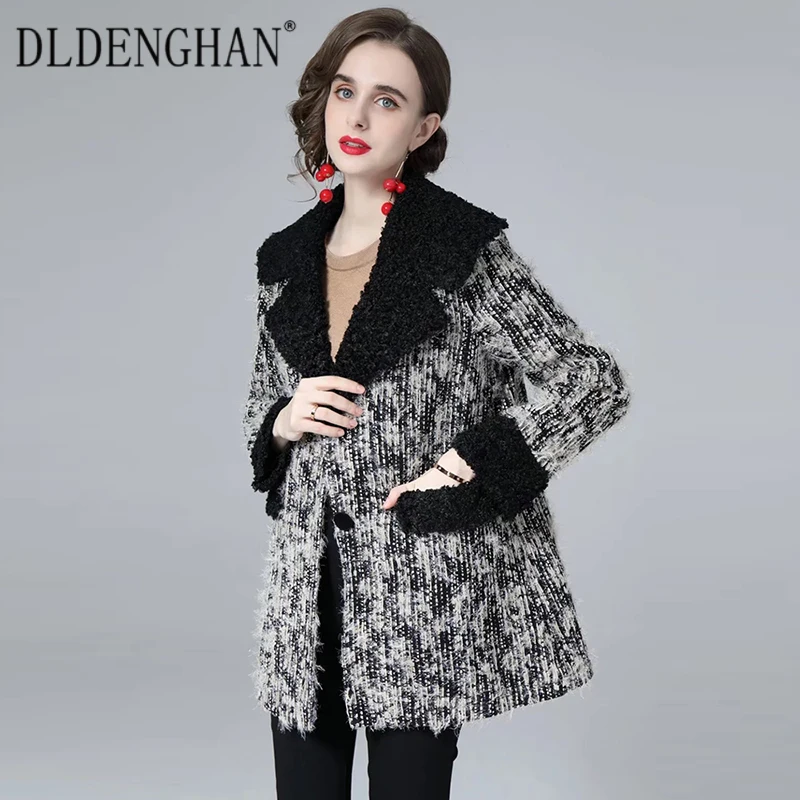 

DLDENGHAN Designer Autumn Winter Geometric Pattern Jacket Woman Patchwork Turn-down Collar Single Breasted Casual Outwear