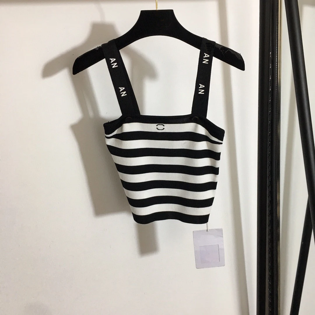 

High Quality Luxury Summer Sexy Little Fragrant Letters Printed Striped Color-block Knitted Camisole Crop Tops