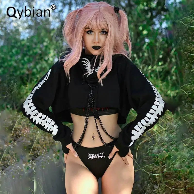 

2021 Qybian New Fishbone Printed With Reflective Sweatshirt Women Gothic Hoodies Women Crop Top Hoodie Free Shiping
