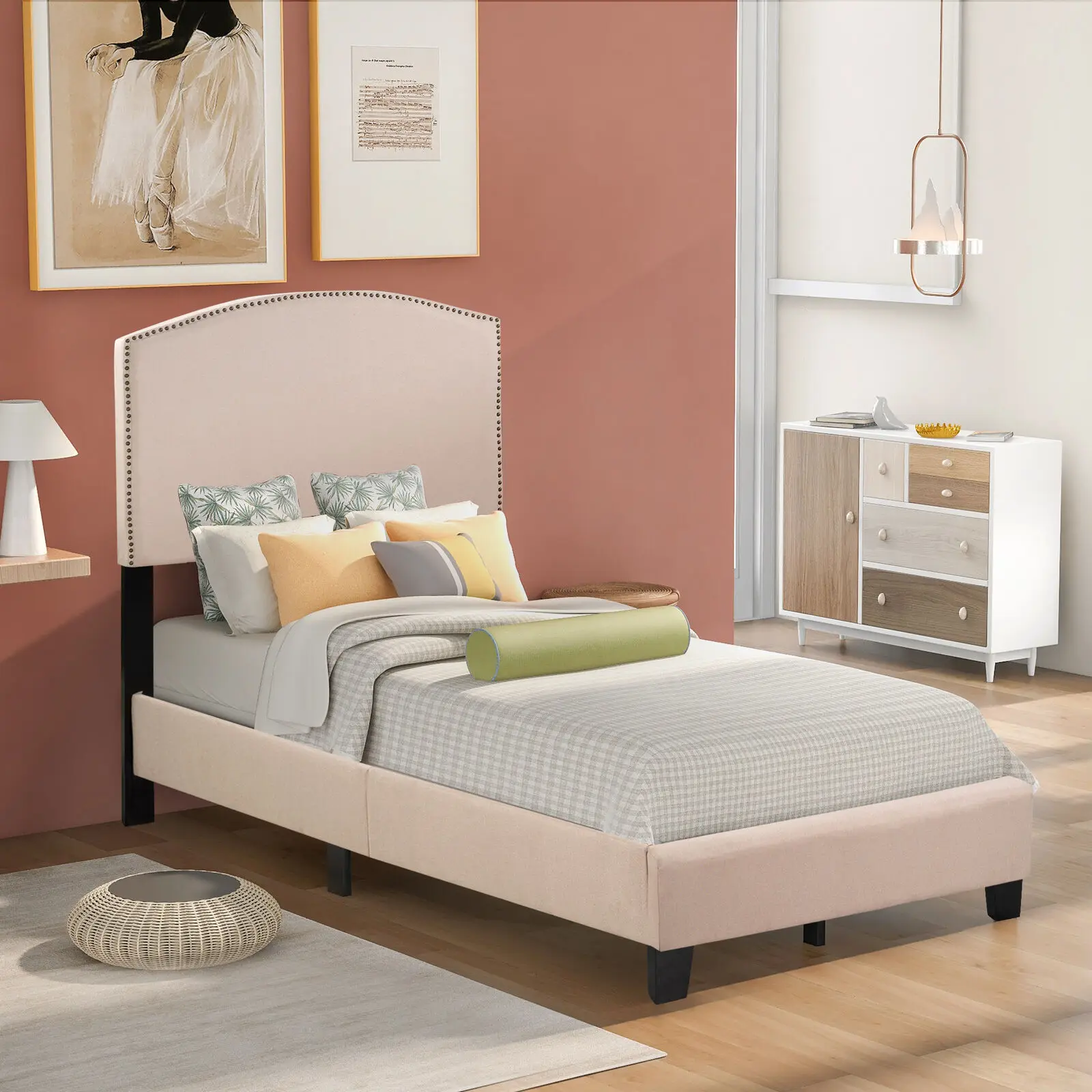 

41.7in 105cm Milan Upholstered Platform Bed With Wooden Slats And Nailhead Detail Twin Size Bed For Guest Room Dormitory Child