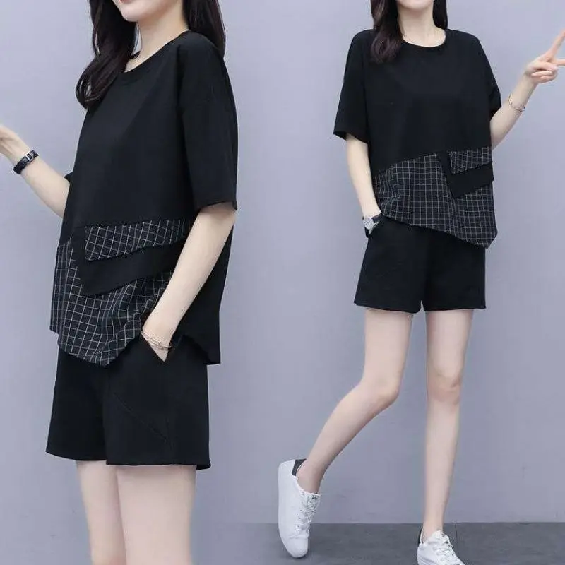

Tracksuit Women Summer 2021 Casual Two Pieces Set Short Sleeve Top + Elastic Waist Shorts Suit 2 Piece Sets Womens Outfits Y269