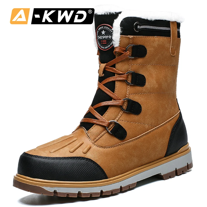 

New Fashion Black Yellow Men Snow Boots With Fur High Top Men Shoes Winter Warm Waterproof Genuine Leather Scarpe Invernali Uomo