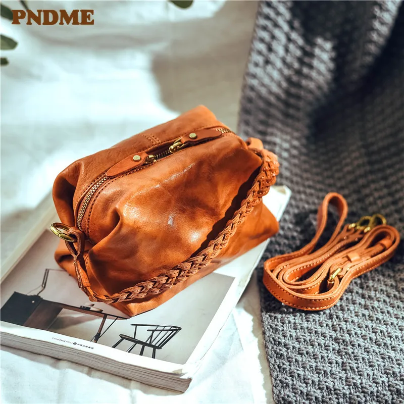 PNDME fashion natural genuine leather women multifunctional small handbag cosmetic bag real cowhide cute shoulder crossbody bag