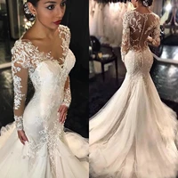 mermaid wedding dresses long sleeve lace applique beaded illusion scoop dubai arabic sheer bridal gowns trumpet